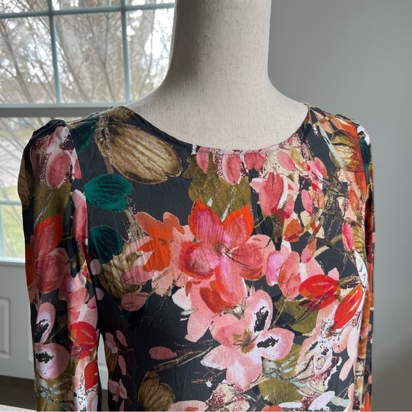 Anthropologie Meadow Rue 🌾 Colorful Flower Print Pleated Keyhole Back Tunic Top - Picture 3 of 16